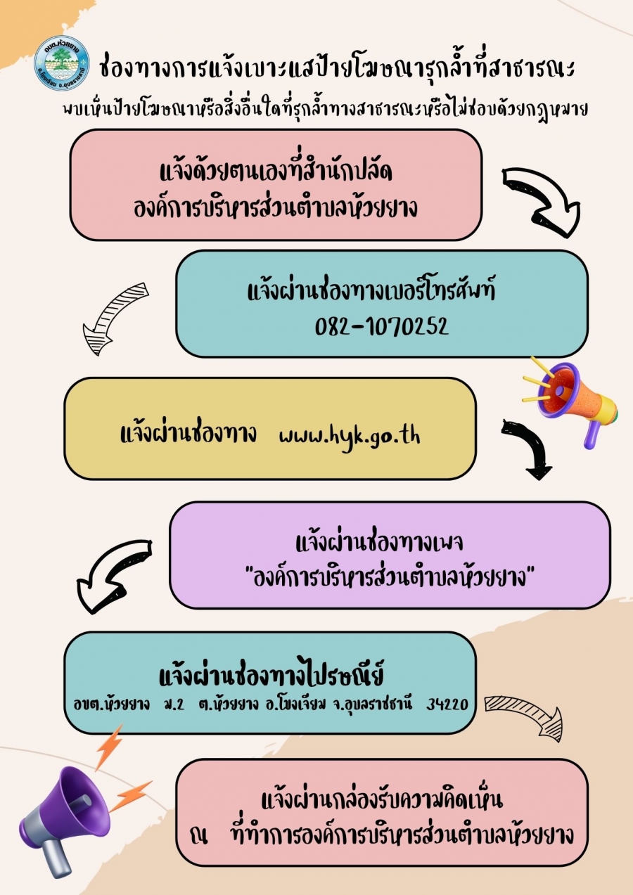 ประชาสัมพันธ์  เรื่อง  ช่องทางการแจ้งเบาะแสป้ายโฆษณารุกล้ำที่สาธารณะ